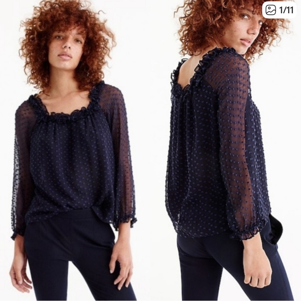 J. Crew Penny Ruffle Clip Dot Blouse in Navy Blue. Like new condition. No flaws